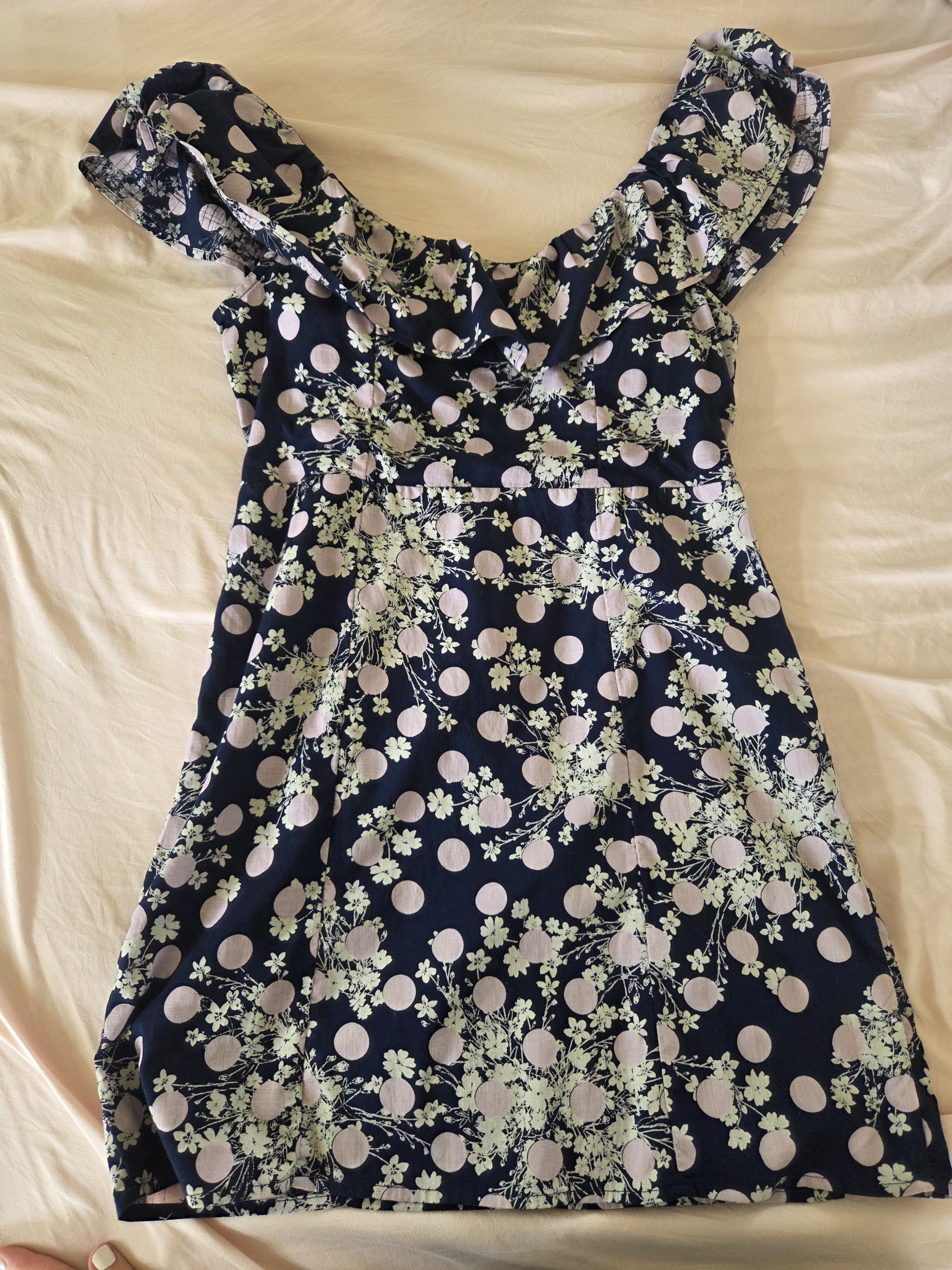 Free People Navy Dress With Pale Pink Polka Dots & Mint Floral Print